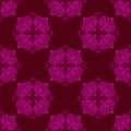 Ornamental repeating pattern desig. Round mandalas of radial stains. Purple, red