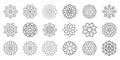 Big set of ornamental round dotted flowers isolated on white background.