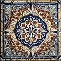 ornamental round mosaic A close up of a Moroccan vintage tile with a ceramic texture and a colorful design