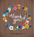 Ornamental round wreath THANK YOU. Spring floral pattern, mandala on wood texture