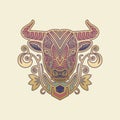 Ornamental sacred cow face mascot. Tribal hindu cattle symbol with floral pattern. Golden calf totem