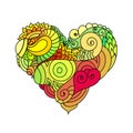 Ornamental St.Valentine`s greeting card with colorful zentangle doodle heart sketch. Ethnic tribal wavy vector heart