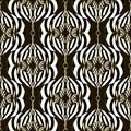 Ornamental striped shapes vector seamless pattern. Hand drawn abstract black and white ornament with stripes and gold outline. Royalty Free Stock Photo