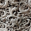 Ornamental swirls and loops on a white stone wall in a baroque-inspired sculpture style (tiled)