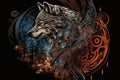 Ornamental vintage wolf predator, t-shirt design. Tribal art style. AI generated