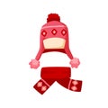 Ornamented knitted childish chullo and girly scarf. Winter pink earflap hat with pompom for children. Flat vector