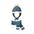 Ornamented knitted childish earflap hat and scarf. Winter chullo with pompom for children. Flat vector cartoon Royalty Free Stock Photo