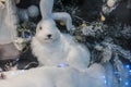 gifts under the tree. White rabbit figure