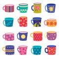 Ornaments cup. Trendy handy crafted colored cups with floral and geometrical textures drawn vector set