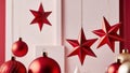 Ornaments and stars in red and gold on a red background. Royalty Free Stock Photo