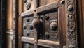 Ornate ancient doorknob on old rustic wooden door symbolizes history