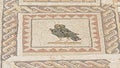 Ornate ancient roman floor tiles depicting an owl, detail of Ruins of Italica, Roman city in the province of Hispania Baetica