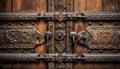 Ornate antique doorknob on old wooden door with brass handle Royalty Free Stock Photo