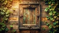 Ornate antique frame adorned with vines on rustic wooden wall. Generative AI Royalty Free Stock Photo