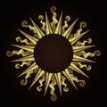 Ornate antique gold etching style frame in a shape of sun rays hand drawn vector illustration