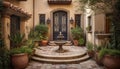 The ornate arch and lantern decorate the elegant Spanish courtyard generated by AI Royalty Free Stock Photo