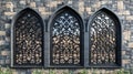 Ornate arched windows, stone wall, desert view, architectural detail, design Royalty Free Stock Photo