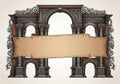 Ornate architectural frame featuring three grand arches, each supported by intricately decorated Royalty Free Stock Photo