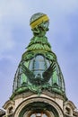 Ornate art deco facade of Zinger Singer company historic building or House of Books on Nevsky Prospect in Saint Petersburg, Russia