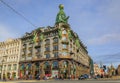 Ornate art deco facade of Zinger Singer company historic building or House of Books on Nevsky Prospect in Saint Petersburg, Russia