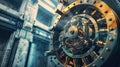 Ornate bank safe door secures the vault, safeguarding money and precious metals, Ai Generated