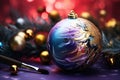 Ornate bauble with intricate painted swirls nestled amidst pine branches, with a paintbrush and golden ornaments. Royalty Free Stock Photo