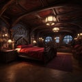 an ornate bedroom with a red bed Royalty Free Stock Photo