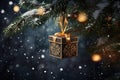 Ornate black and gold gift box hanging on a snowy fir branch