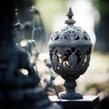 An ornate black and white decorative urn sitting on a stone, AI