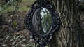 An ornate blackened mirror hangs from a nearby tree its reflective surface warped and distorted showing ghostly figures