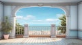 Ornate Blue Balcony With Ocean Views - 3d Illustration