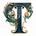 Ornate Blue And Green Leaf And Vine T-letter Design