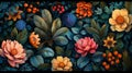 Ornate botanical illustration featuring a variety of elegant flowers in full bloom in art nouveau style