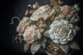Ornate bouquet of roses and crystal leaves. High contrast digital painting effect and photorealistic mix.