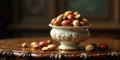 Ornate bowl filled with assorted decorative eggs and nuts on a dark wood table. Generative AI Royalty Free Stock Photo