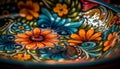 An ornate bowl with a vibrant floral pattern, an antique souvenir generated by AI