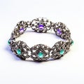 Viscountess Inspired Ornate Bracelet With Green Stones And Silver Metal