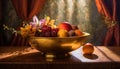 Ornate brass bowl containing fruit and flowers in vintage setting