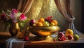 Ornate brass bowl containing fruit and flowers in vintage setting