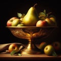 Ornate brass bowl containing fruit in vintage setting