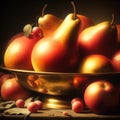 Ornate brass bowl containing fruit in vintage setting