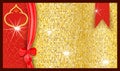 Ornate bright festive gift voucher with a golden textured background and ribbon with a bow. Royalty Free Stock Photo