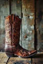 An ornate brown leather western boot showcasing traditional embroidery, set against an aged wooden plank backdrop Royalty Free Stock Photo