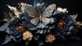 Ornate Butterfly Amidst Dark Floral Arrangement by Generative A.I