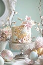 Ornate cake with gold detailing and spring flowers, - AI Generated. Perfect for culinary art displays and wedding celebrations