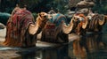 Ornate Camels Drink by Tranquil Water Royalty Free Stock Photo