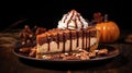 Ornate caramel pie with pecans, autumn food, Thanksgiving cooking. On dark background.