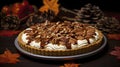 Ornate caramel pie with pecans, autumn food, Thanksgiving cooking. On dark background.