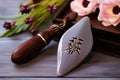 ornate ceramic gua sha tool next to blooming flower