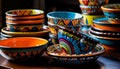 Ornate ceramics in a stack, a souvenir of indigenous cultures generated by AI